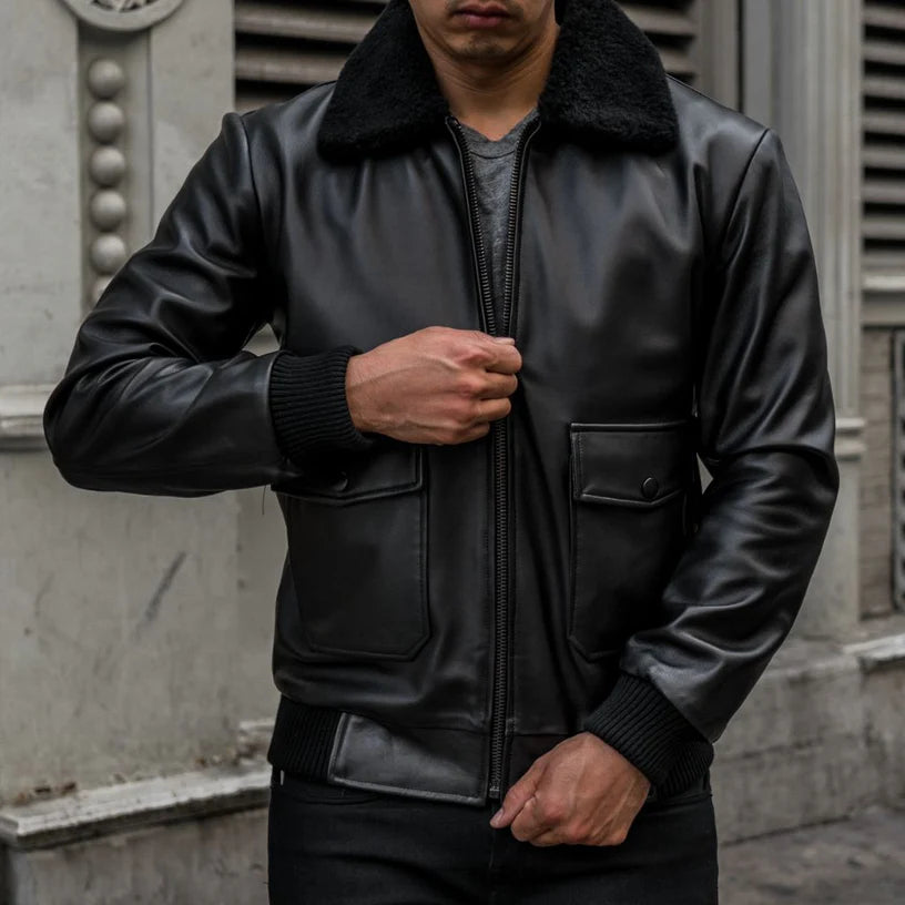 Lethrium Black Bomber Leather Jacket