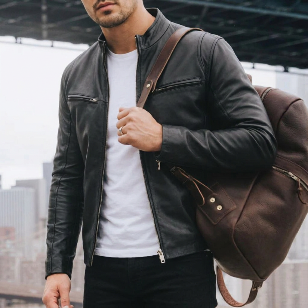 Lethrium Black Cafe Racer Leather Jacket